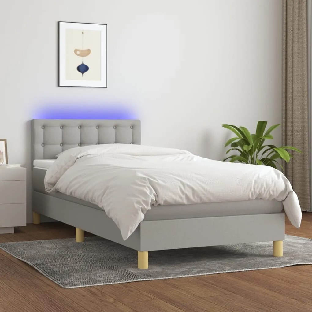 Letto a molle materasso e led grigio chiaro 90x190 cm tessuto