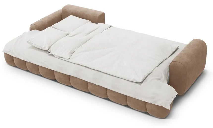 Divano angolare marrone chiaro allungabile/con contenitore (con penisola a sinistra/con chaise lounge) con rivestimento in velluto Linz – Cosmopolitan Design