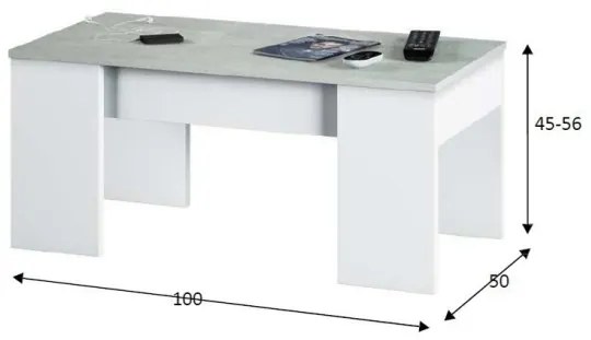 Tavolino Da Salotto Con Piano Elevabile 50x100x45 Cm Cemento E Bianco