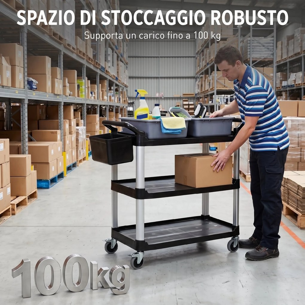 Carrello Pulizie Professionale 115x50x100 cm a 3 Ripiani con 2 Contenitori Rimovibili Bidone Laterale e 4 Ruote in PP Nero...