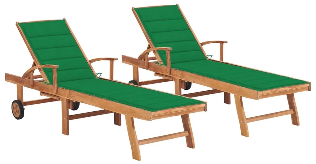 Lettini prendisole 2 pz con cuscino verde in legno di teak