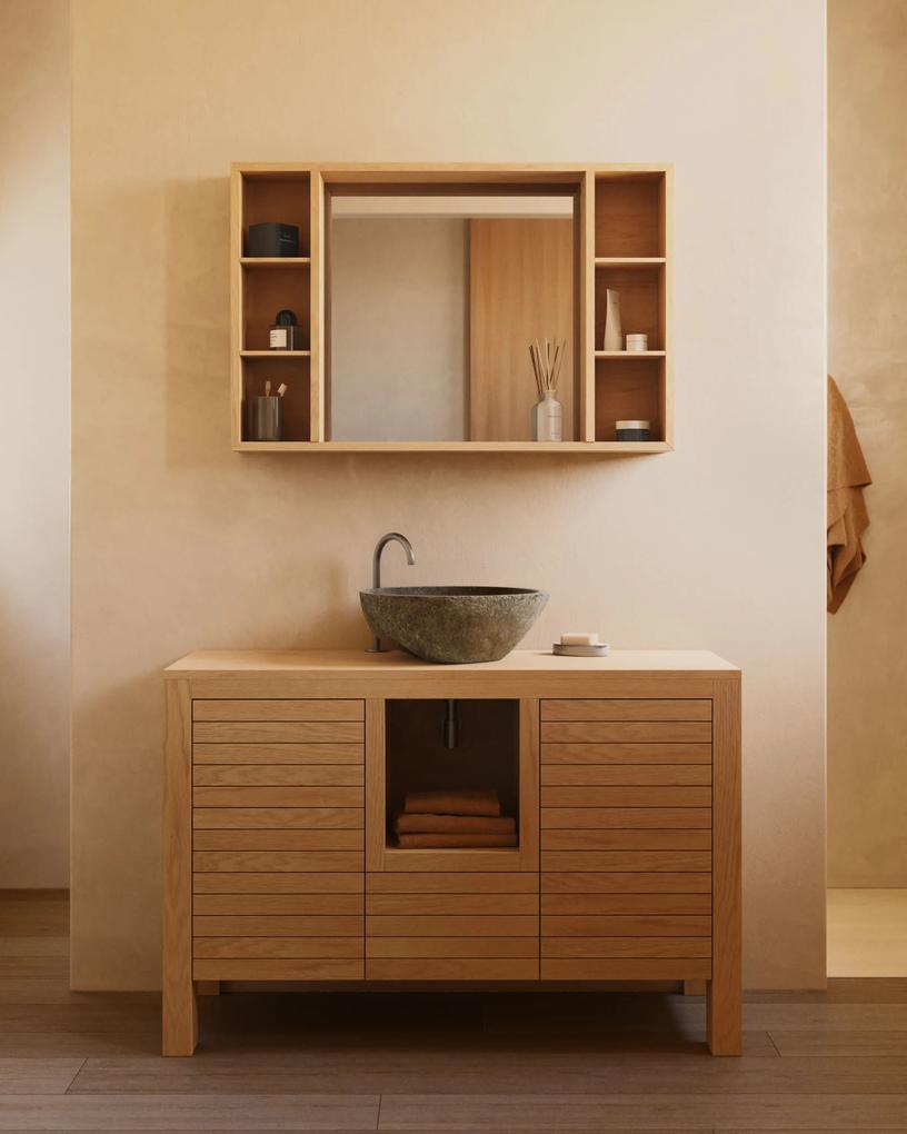 Kave Home - Mobiletto da bagno con specchio Kenta in legno massiccio di teak 100 x 65 cm