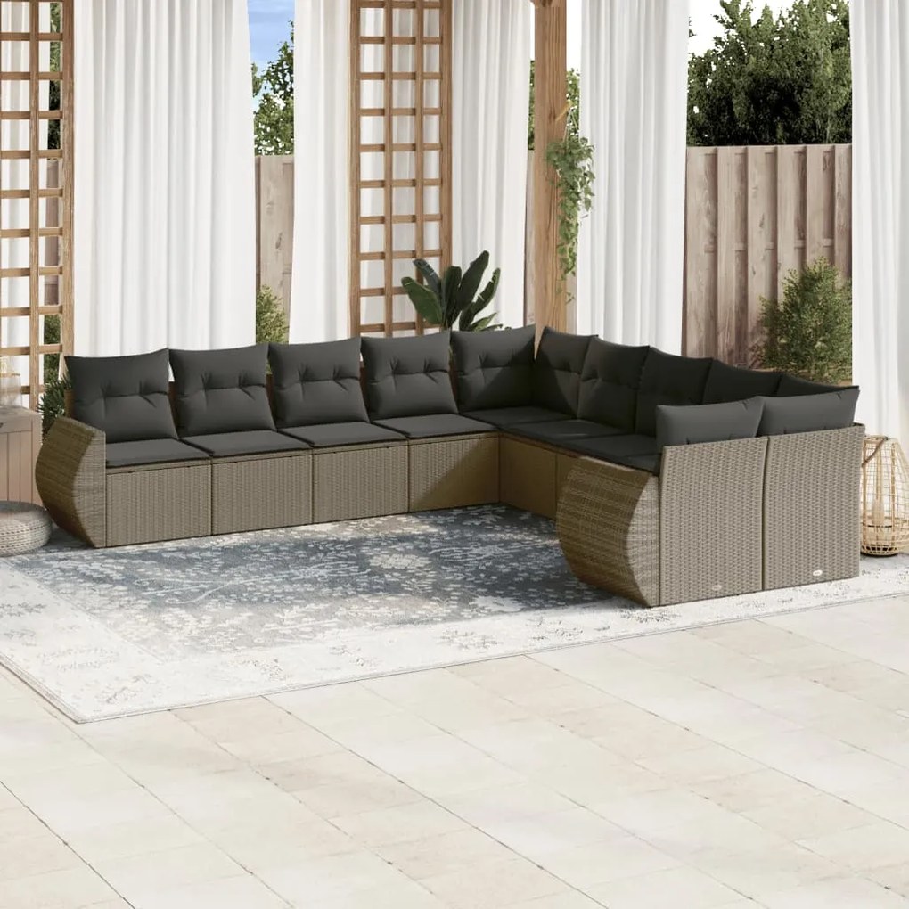 Set divano giardino 10 pz con cuscini grigio chiaro polyrattan