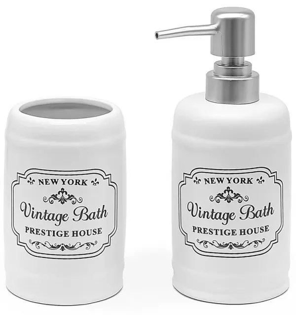 Set accessori bagno dispenser sapone e portaspazzolini in ceramica bianca vintage