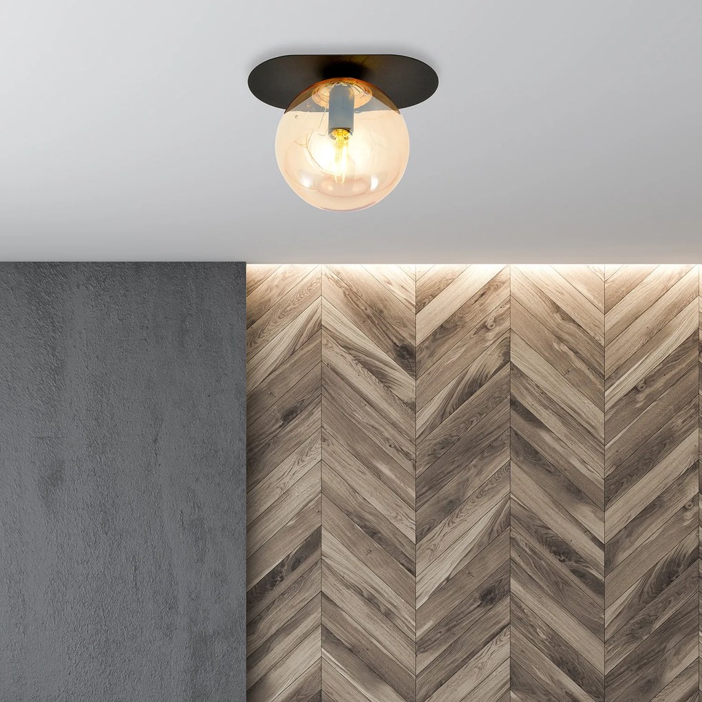Plafoniera Minimal 1 Luce Teia In Acciaio Nero E Sfera Vetro Ambra