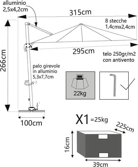 BACTRUS - ombrellone da giardino decentrato 3 x 3 m