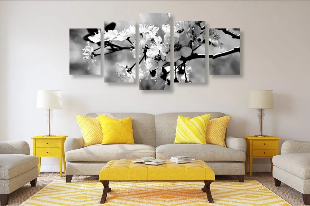 Quadri 5 pezzi – Fiore di ciliegio in bianco e nero