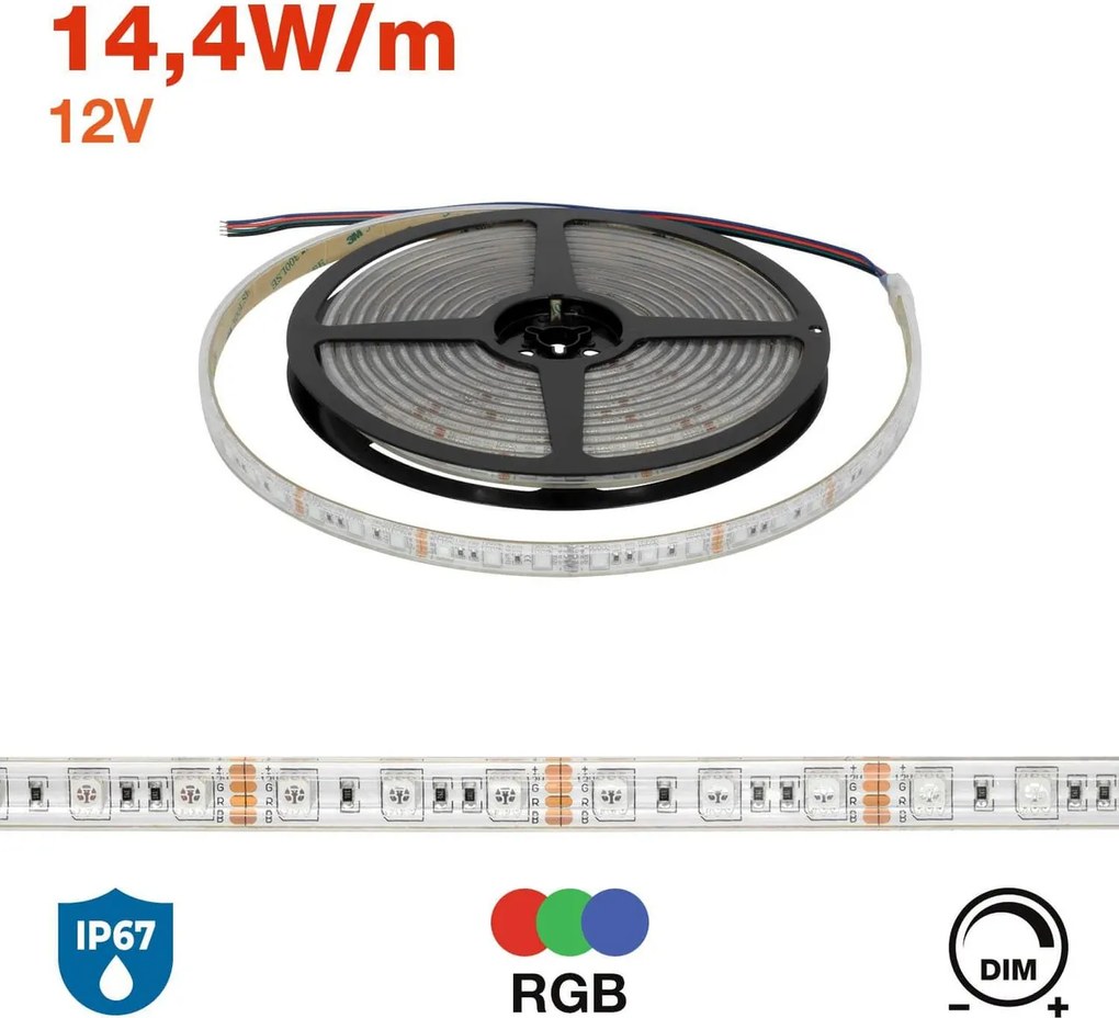 Striscia LED 5050/60 12V IP67 144W/m 5m - RGB Colore RGB