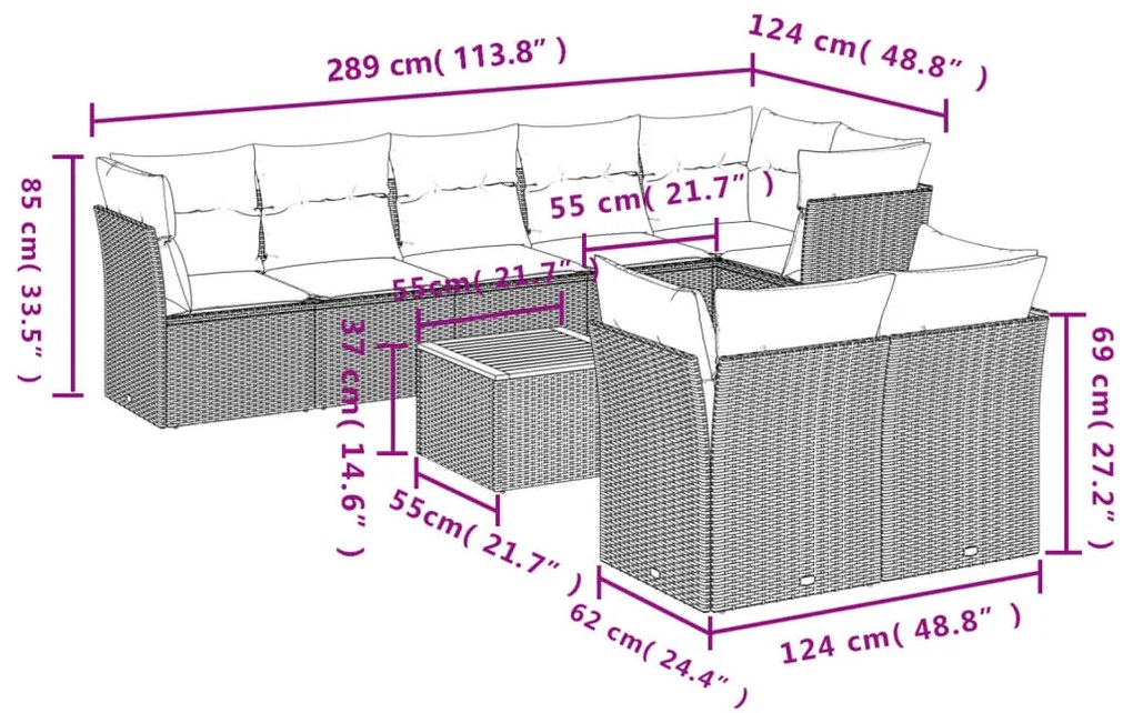 Set divano da giardino 9 pz con cuscini grigio in polyrattan