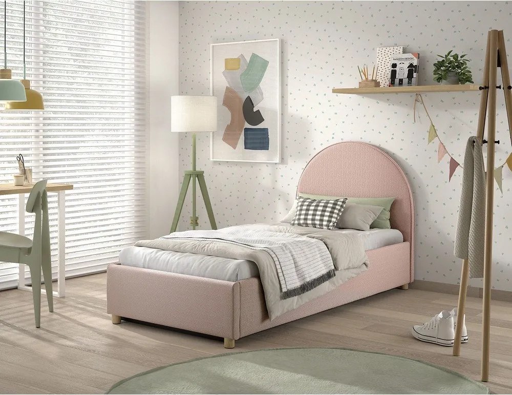 Letto singolo imbottito rosa con contenitore con rete inclusa 90x200 cm Moon – Vipack
