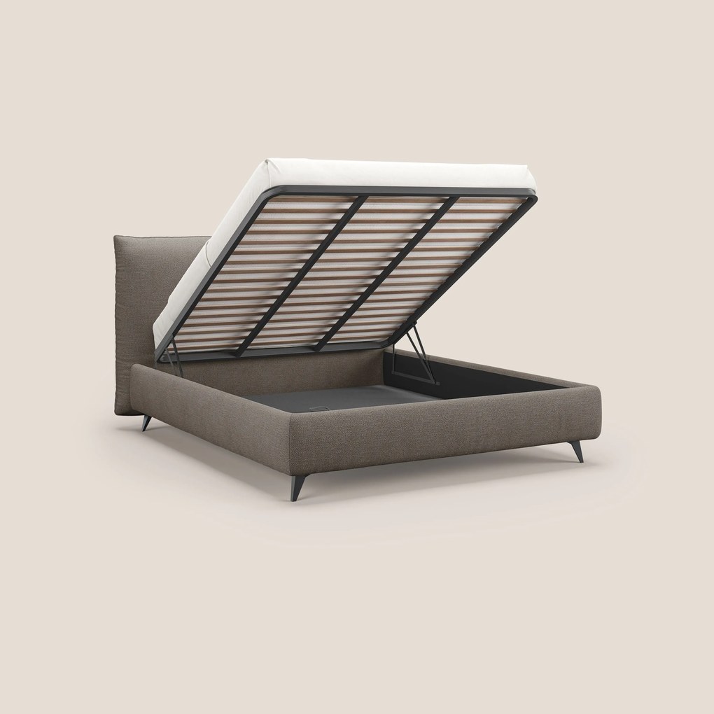 EROS letto imbottito in piuma con vano contenitore in pregiato e fresco bouclet smacchiabile T16 marrone