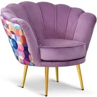 Poltrona Maia in velluto lilla e microfibra multicolor, gambe oro