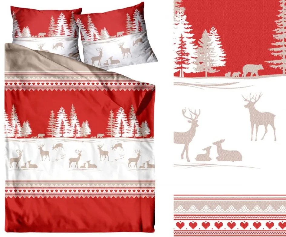 Lenzuola in cotone premium rosse con motivo foresta di neve Rozměr: 140x200 cm | 70x80 cm