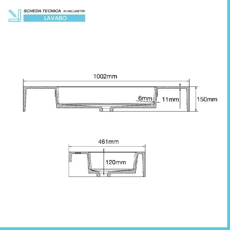 Lavabo sospeso in resina 100 cm bianco lucido Lodi