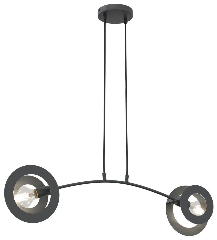 Lampadario 2 Luci Crono In Acciaio Nero A Bracci E Diffusori A Doppio Cerchio