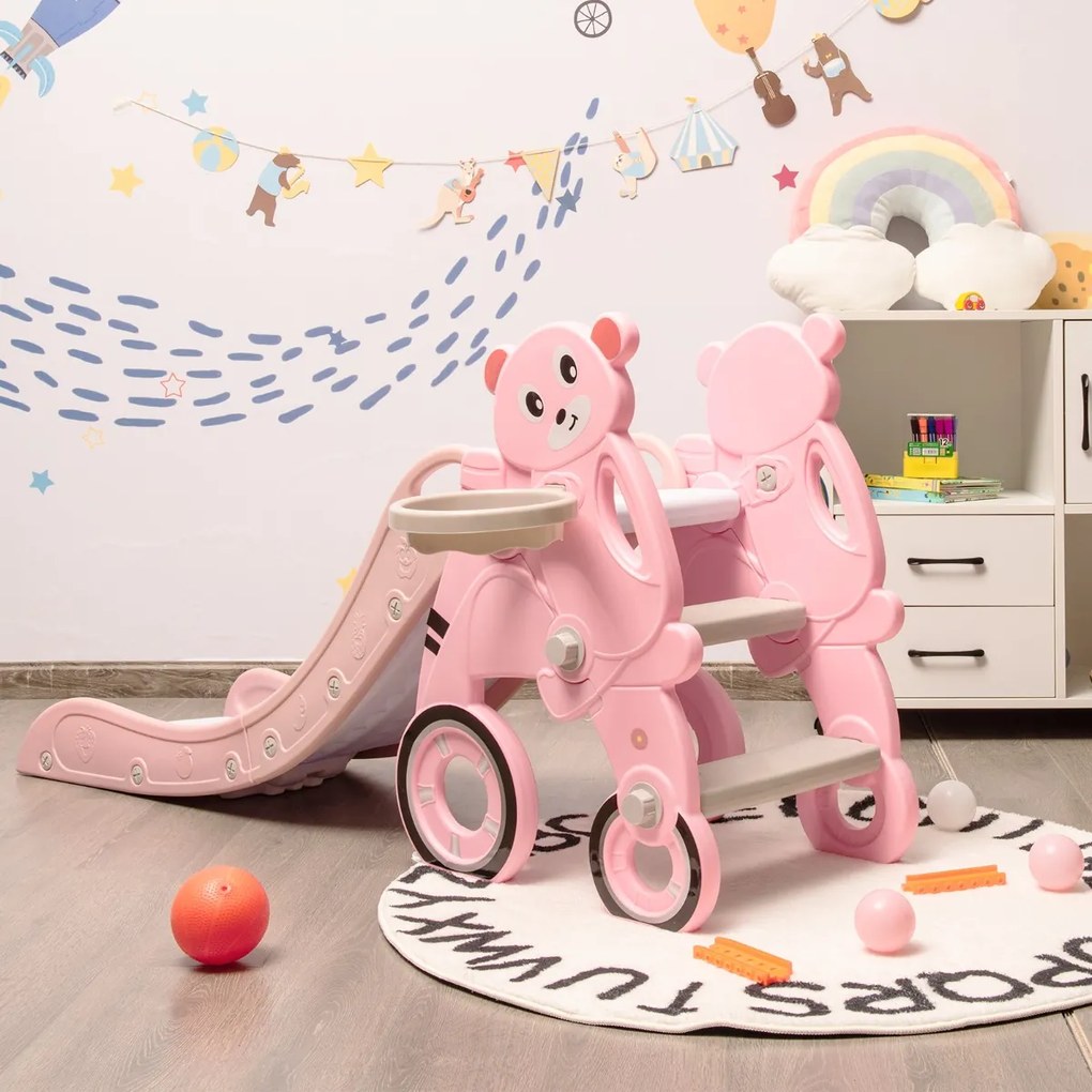 Costway Scivolo 3 in 1 per bambini con canestro e anelli per interno, Scivolo pieghevole a forma di orsetto Rosa