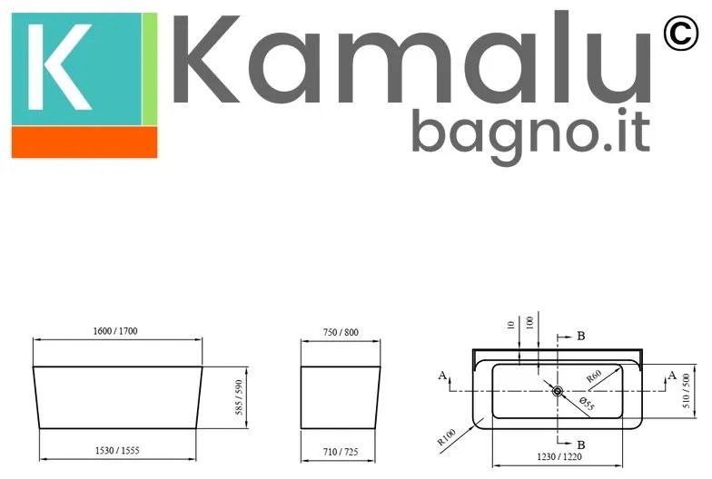 Kamalu - Vasca da bagno rettangolare 170 cm in acrilico bianco lucido | KR1600