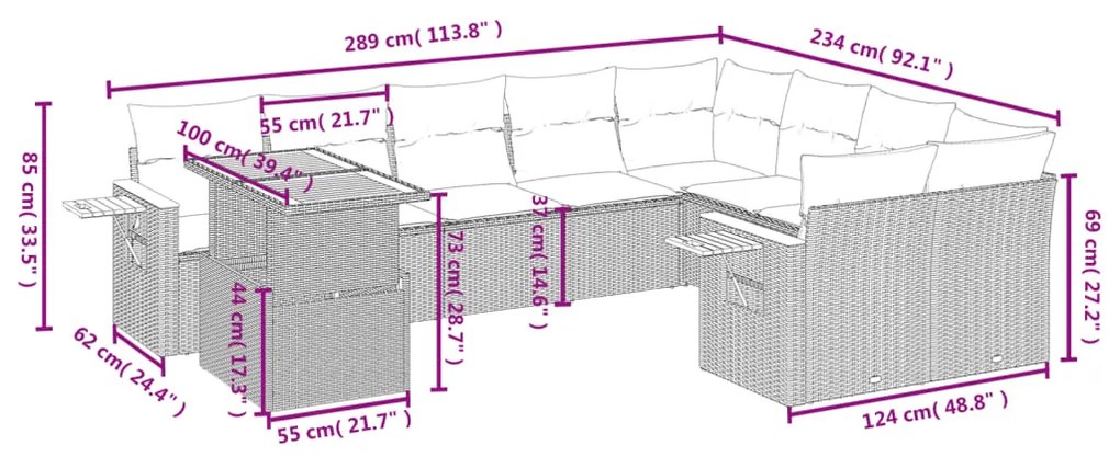 Set divani da giardino 10pz con cuscini in polyrattan nero