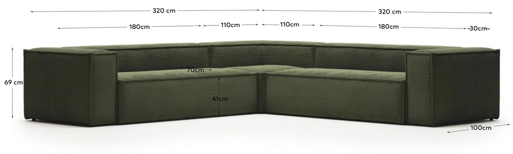 Kave Home - Divano ad angolo Blok 6 posti a coste spesso verde 320 x 320 cm