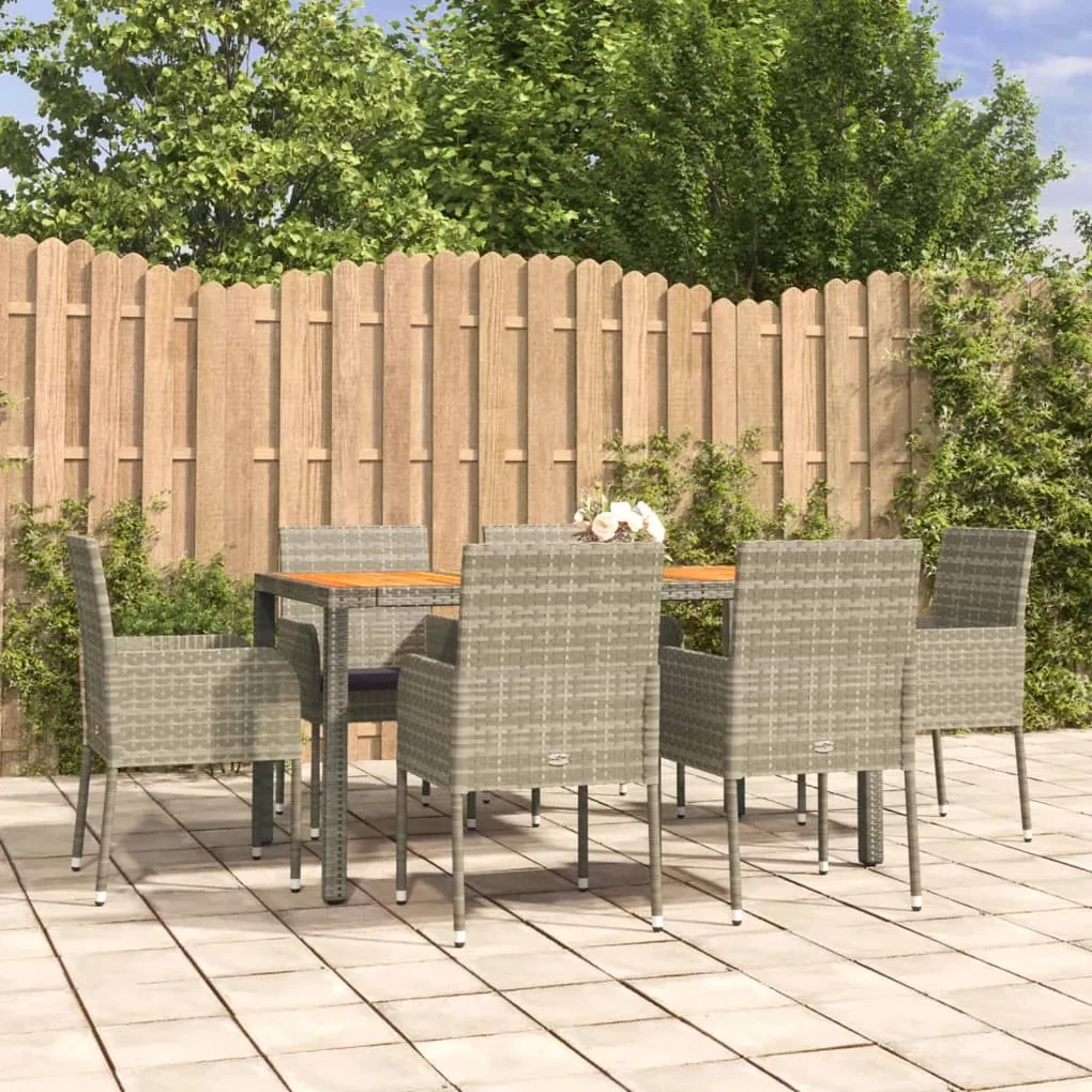 Set da pranzo da giardino 7 pz con cuscini in polyrattan grigio