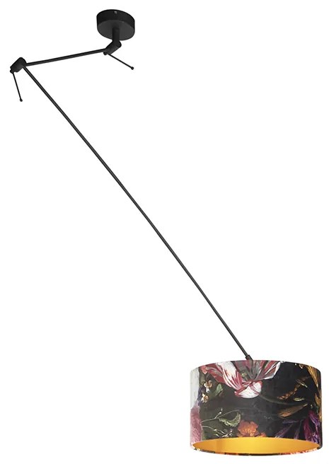 Lampada a sospensione nera con paralume in velluto con fiori e oro 35 cm - Blitz