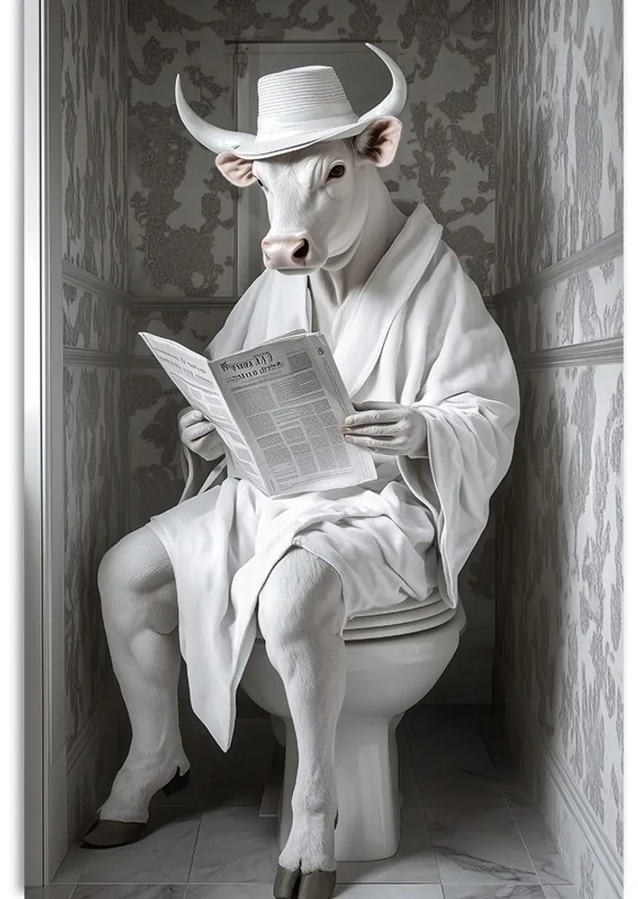 Stampa su tela – Toro bianco con giornali in bagno