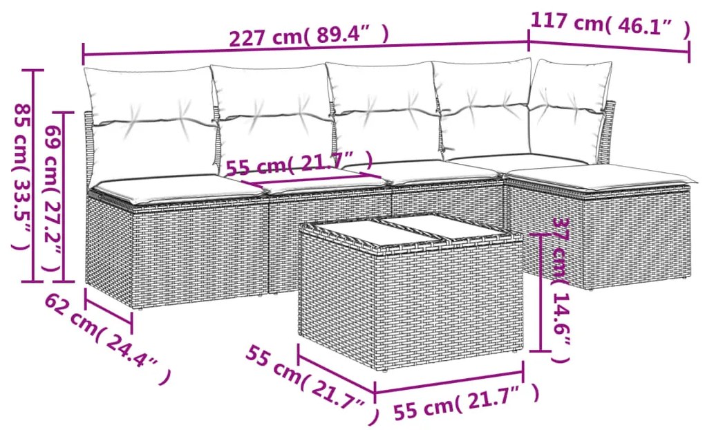 Set divano da giardino 6 pz con cuscini grigio in polyrattan