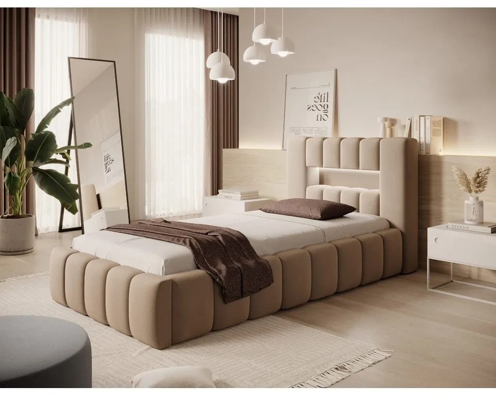 Letto singolo imbottito marrone chiaro con contenitore con rete inclusa 90x200 cm Lamica – ELTAP