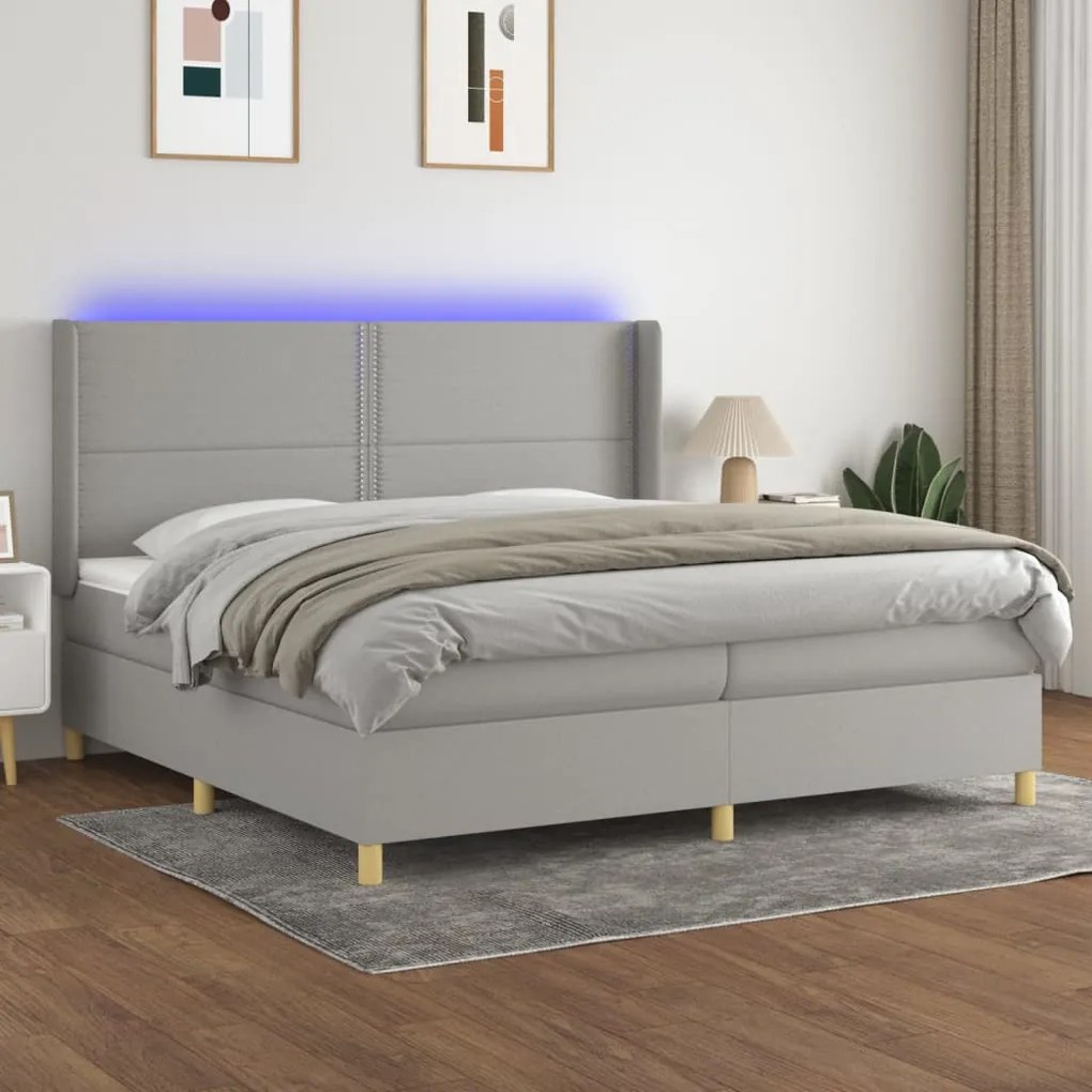 Letto a molle materasso e led grigio chiaro 200x200 cm tessuto