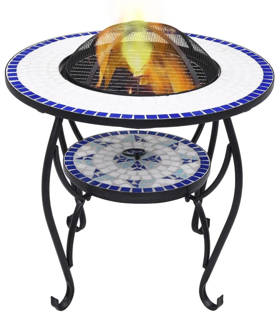 Tavolo Con Braciere A Mosaico Blu E Bianco 68 Cm İn Ceramica /