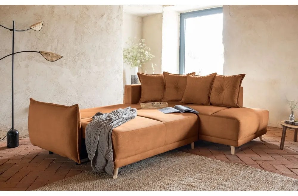 Divano letto angolare in velluto a coste color mattone (angolo destro) Lazy Lukka - Miuform