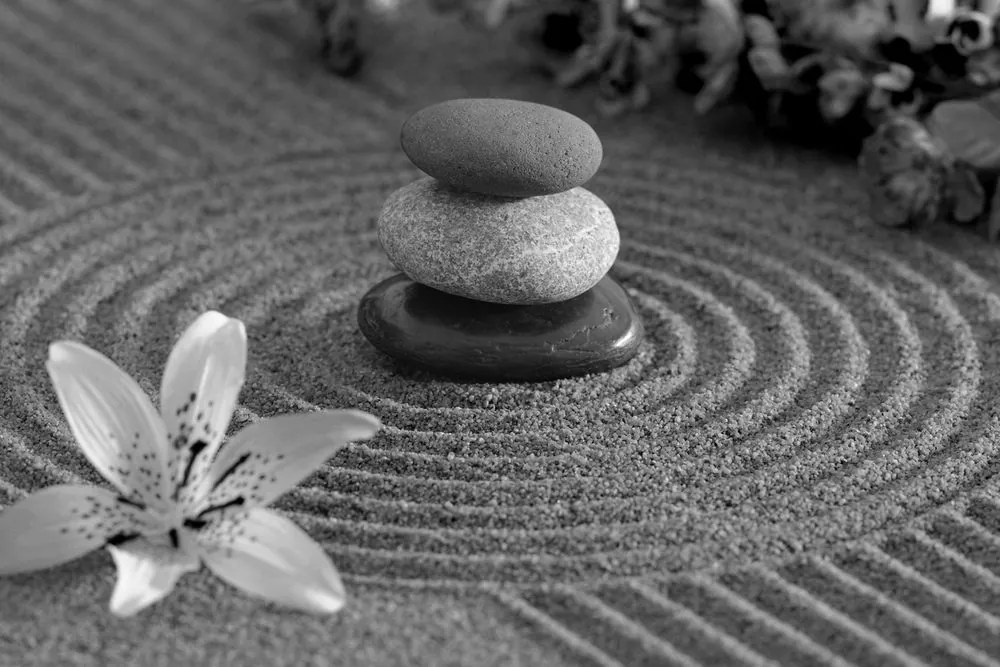 Quadro su tela – Giardino Zen e pietre nella sabbia in bianco e nero