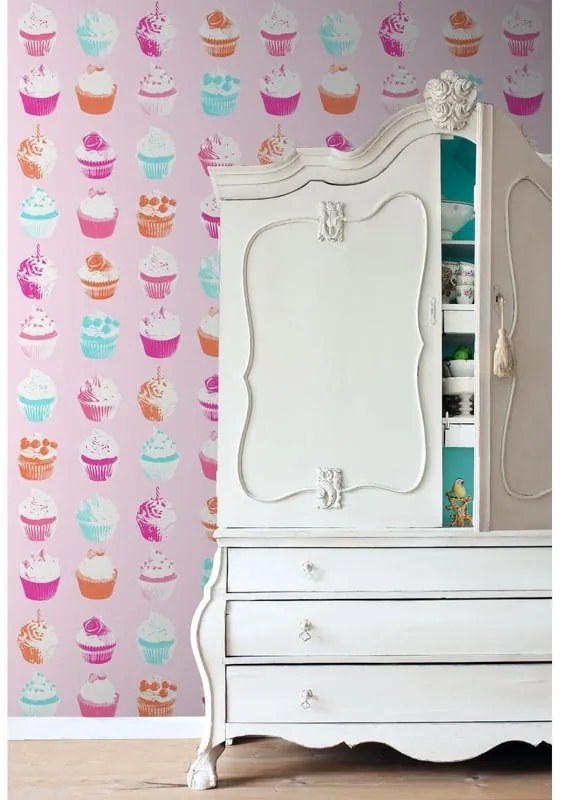 Carta da parati Cupcakes azzurro arancio fondo rosa, 46.5 cm x 8.37 m