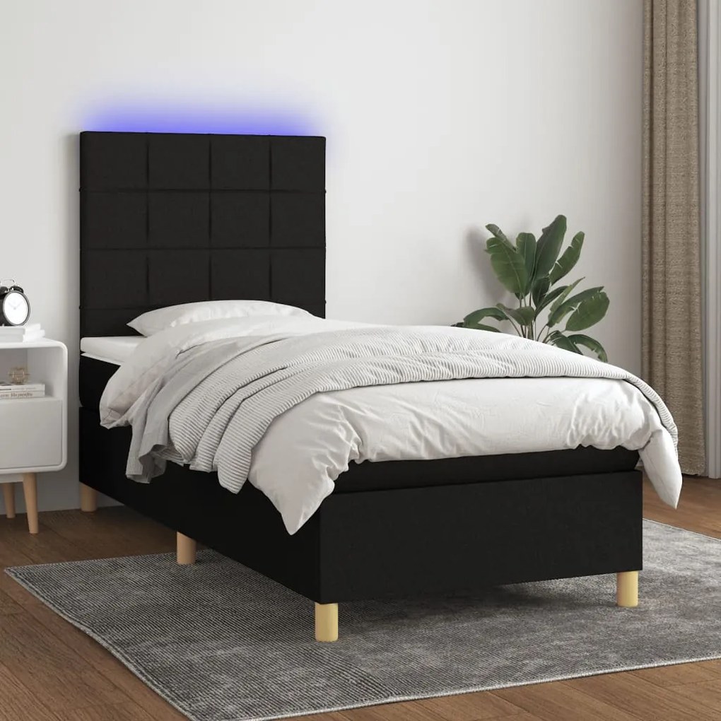 Letto A Molle Con Materasso E Led Nero 90x200 Cm İn Tessuto /