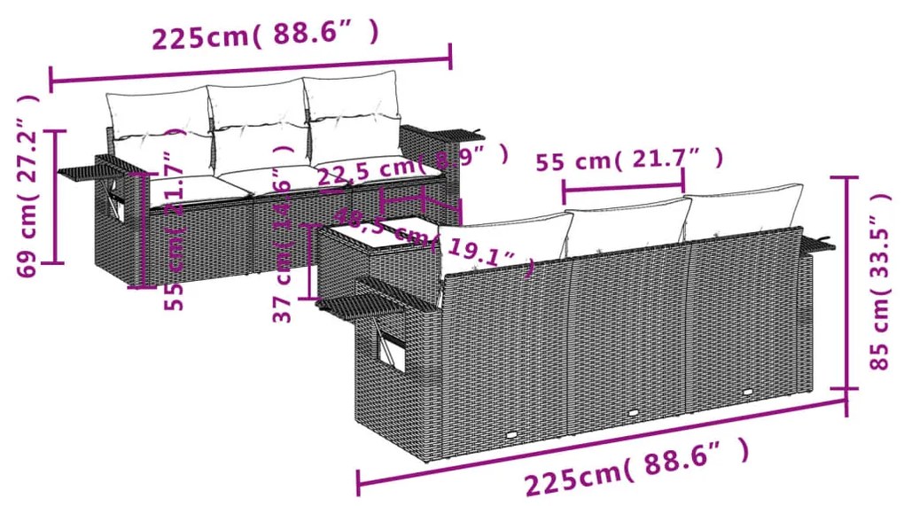 Set Divani da Giardino 7 pz con Cuscini Grigio in Polyrattan