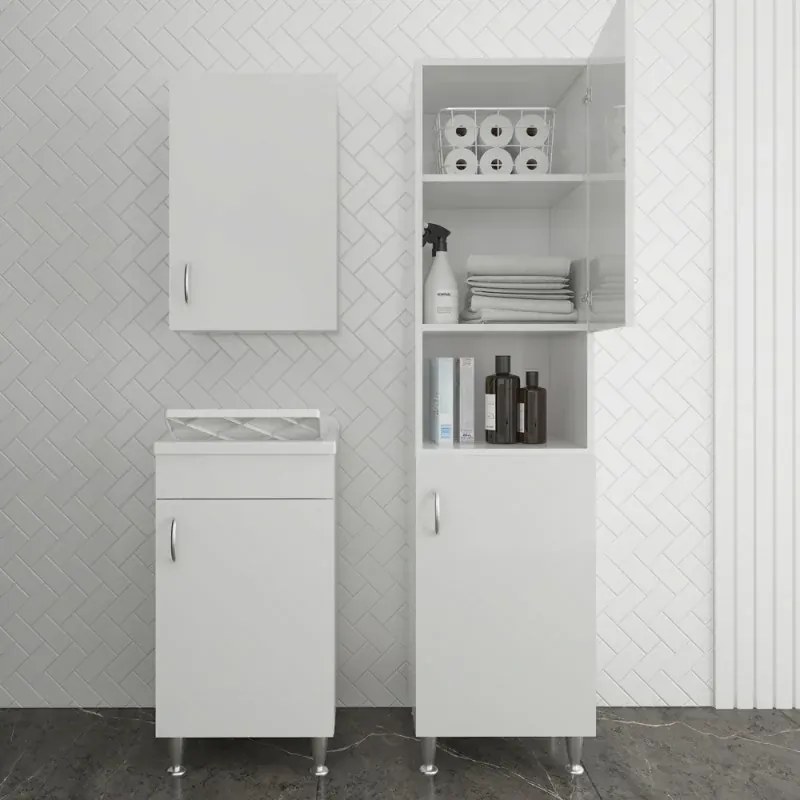 Set da 45 cm con lavatoio colonna e pensile in legno bianco Fedra