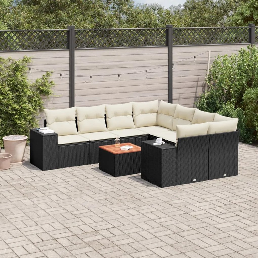 Set Divani da Giardino 9 pz con Cuscini Nero in Polyrattan