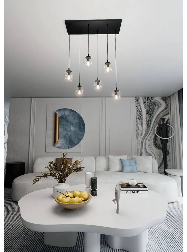 Lampadario a Sospensione in Acciaio e Vetro COSMO 6 Nero 6xE14 Colore delle Sfere Trasparente