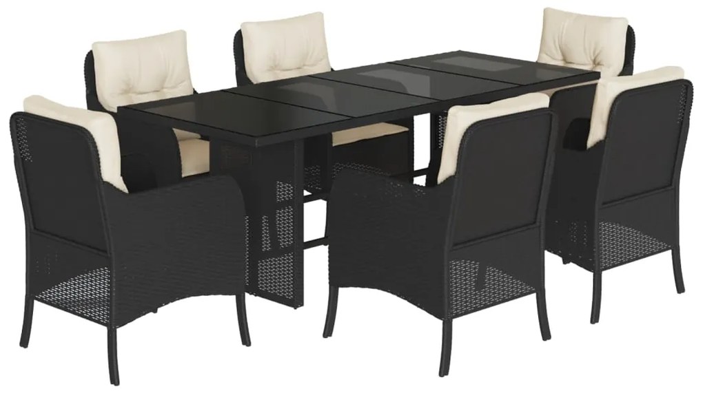 Set da pranzo da giardino 7 pz nero con cuscini in polyrattan