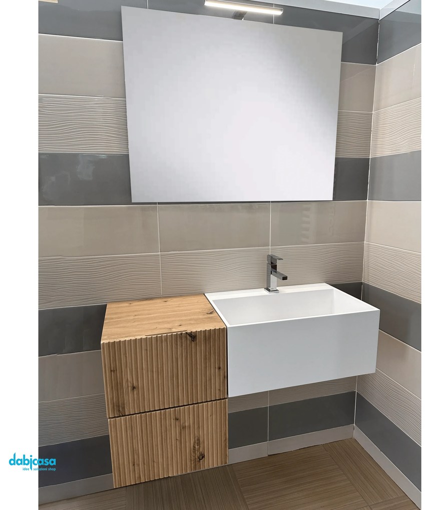 Mobile Bagno Sospeso Cannettato "Roma" Da 100 Cm Composto Da Due Cubotti Lavabo E Specchio Finitura Rovere Oro