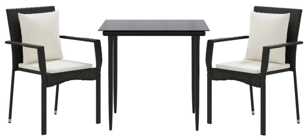 Set da pranzo da giardino 3 pz con cuscini nero in polyrattan