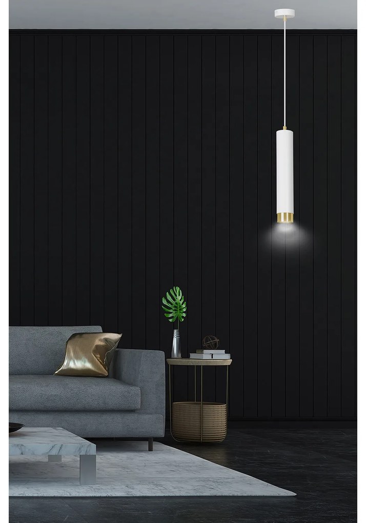 Sospensione 1 Luce Brunilde In Acciaio Bianco Con Tubolare In Bianco E Oro
