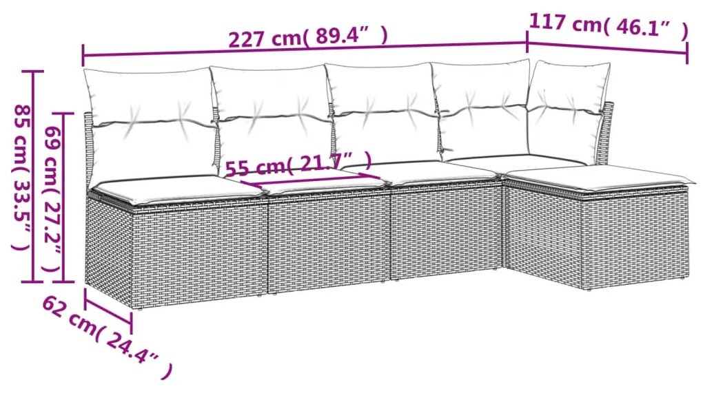 Set divano da giardino 5pz con cuscini grigio chiaro polyrattan