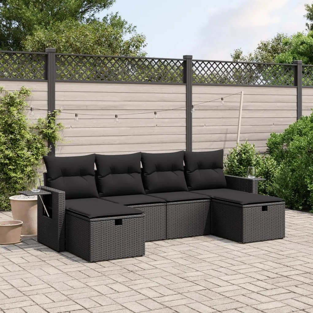 Set divano da giardino 6 pz con cuscini nero in polyrattan