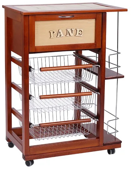 Carrello portapane con portabottiglie e cesti portafrutta Ciliegio