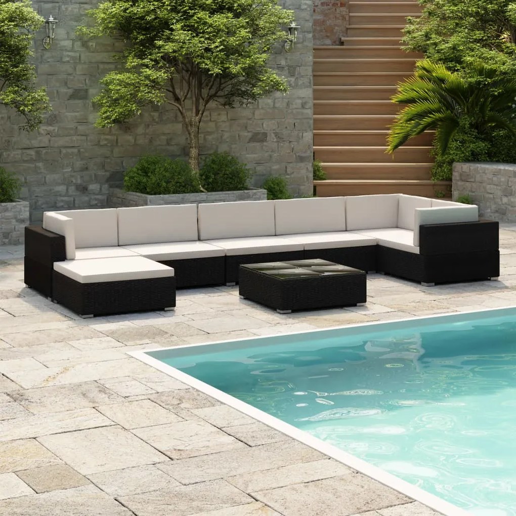 Set divani da giardino 8 pz con cuscini in polyrattan nero