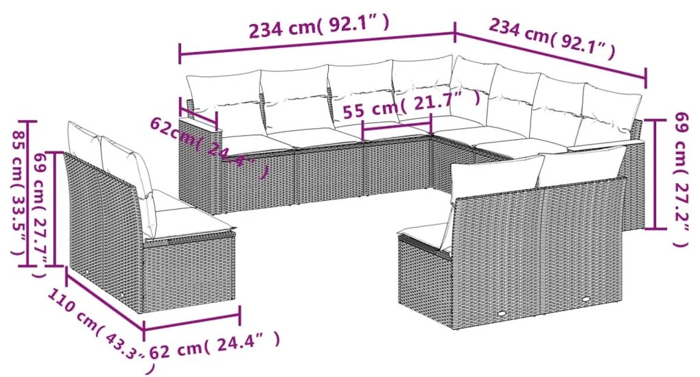 Set Divani da Giardino 11 pz con Cuscini in Polyrattan Grigio