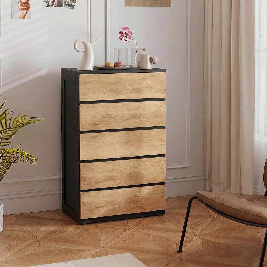 Cassettiera 5 Cassetti 60x39x100 cm con Guide in Metallo e Maniglie Scanalate in Legno Nero e Rovere...