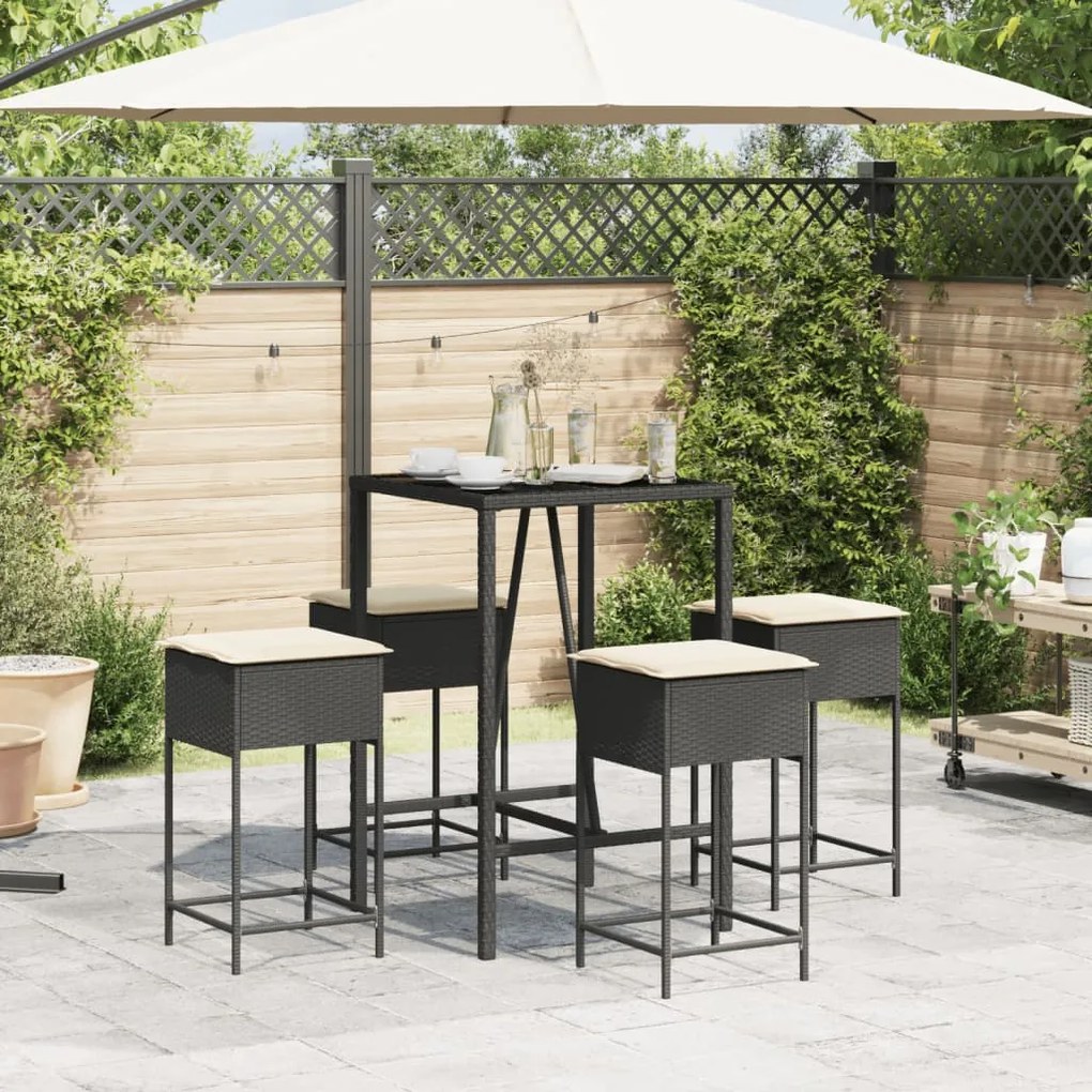 Set bar da giardino 5 pz con cuscini in polyrattan nero