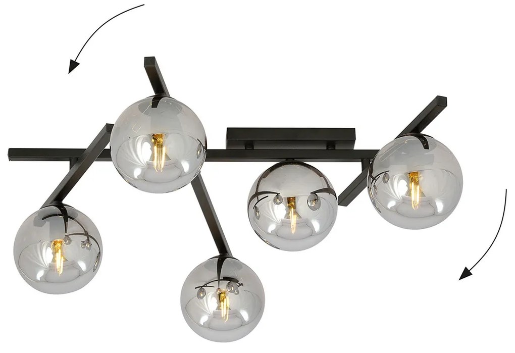 Plafoniera Moderna 5 Luci Teti In Acciaio Nero Bracci Regolabili E Vetro Fumè